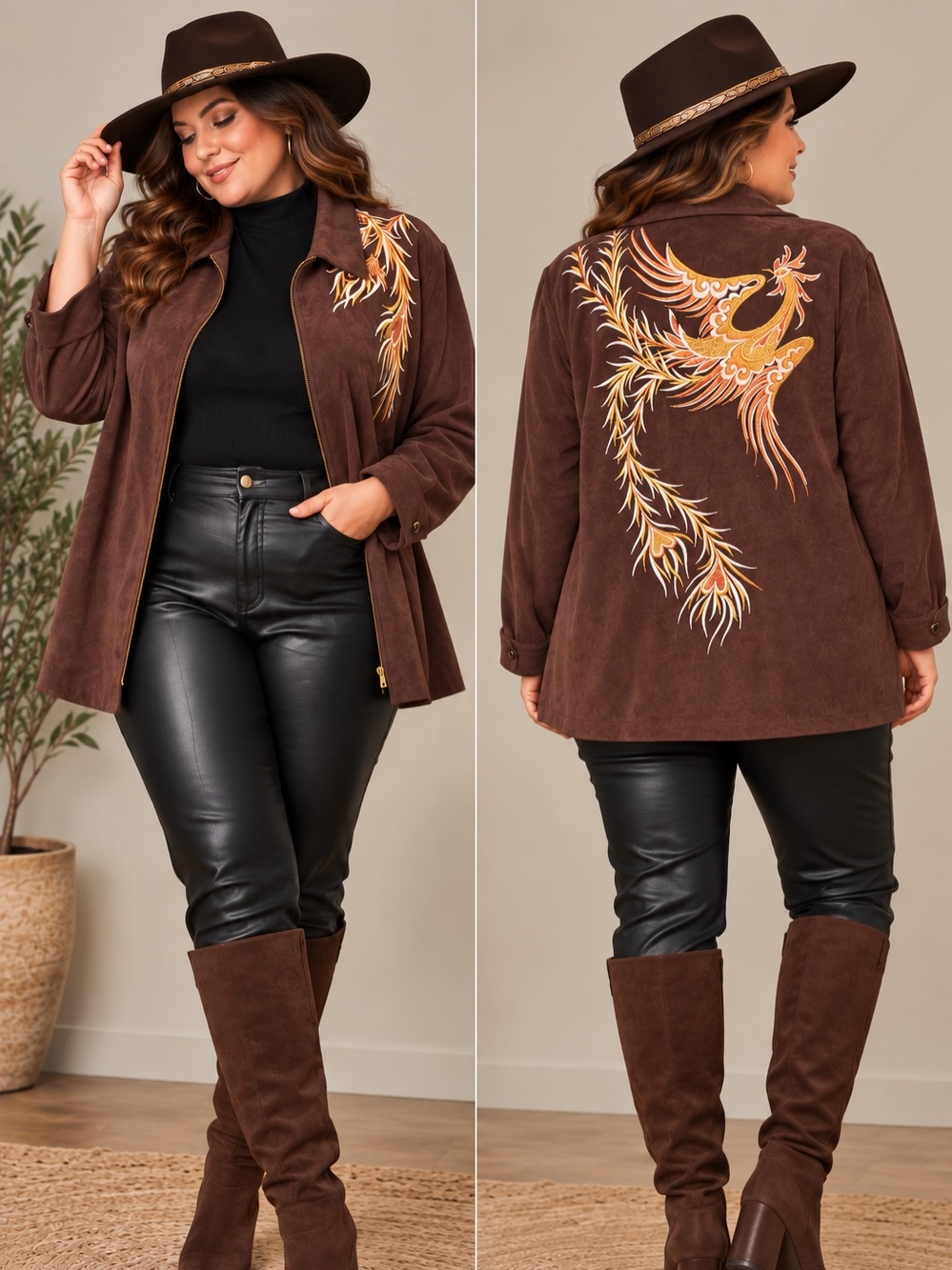 Bob Mackie Wearable Art Brown Ultrasuede Phoenix Embroidered Jacket Plus Size 1X - Picture 1 of 8